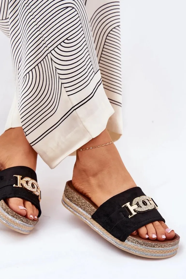 Klapki Damskie Ze Złotym Detalem Na Platformie Z Brokatem Czarne Eanes