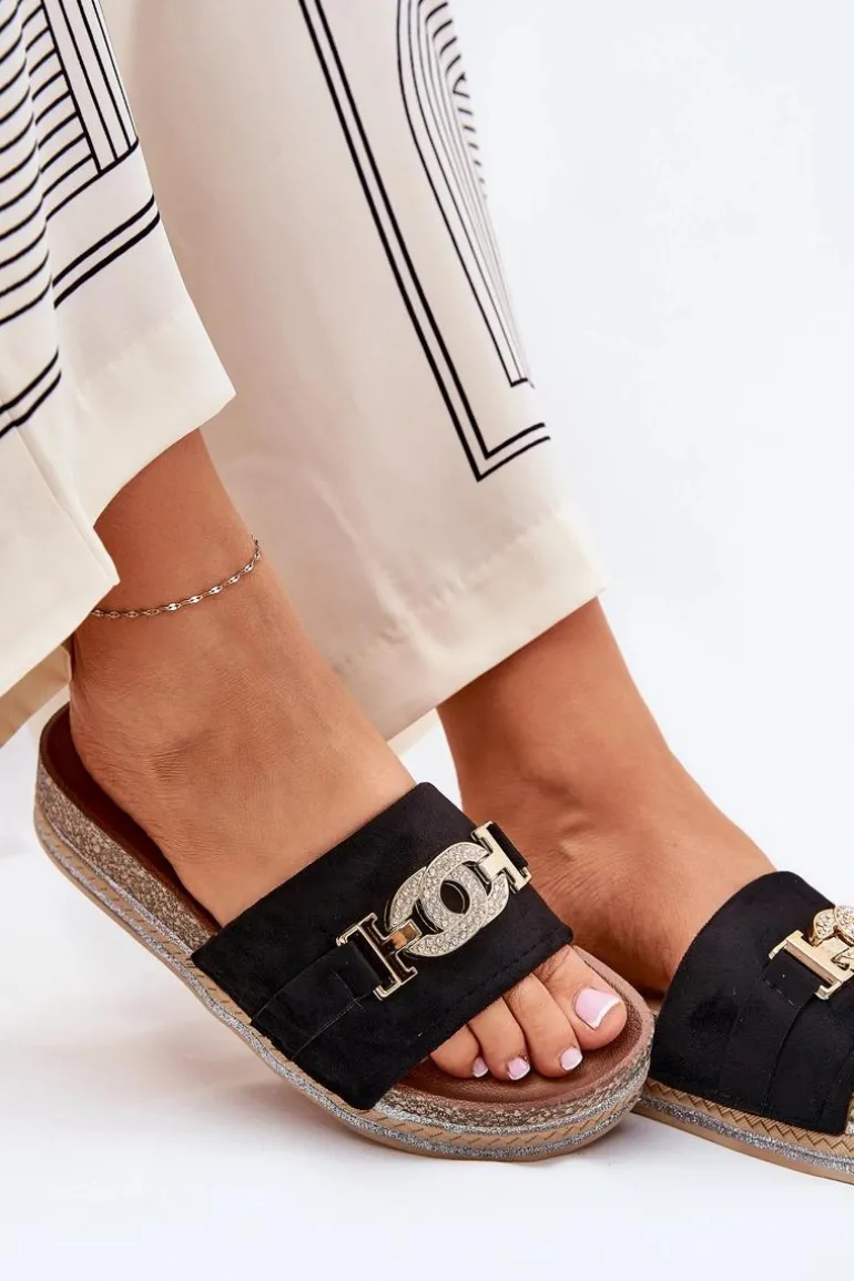 Klapki Damskie Ze Złotym Detalem Na Platformie Z Brokatem Czarne Eanes
