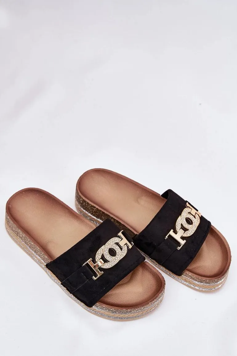 Klapki Damskie Ze Złotym Detalem Na Platformie Z Brokatem Czarne Eanes