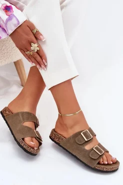 Klapki Damskie Ze Złotymi Klamrami I Przeszyciami Ciemnozielone Lunera