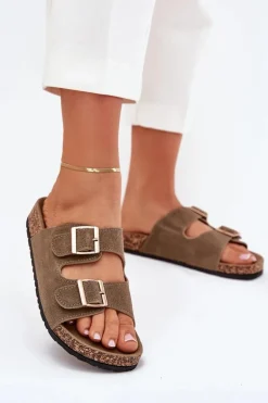 Klapki Damskie Ze Złotymi Klamrami I Przeszyciami Ciemnozielone Lunera