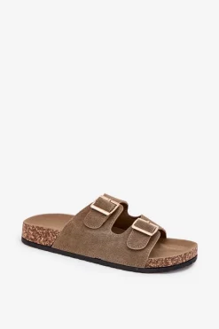 Klapki Damskie Ze Złotymi Klamrami I Przeszyciami Ciemnozielone Lunera