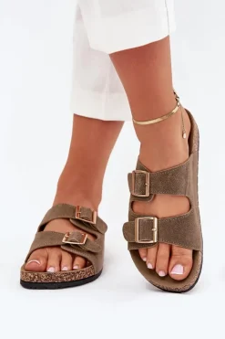 Klapki Damskie Ze Złotymi Klamrami I Przeszyciami Ciemnozielone Lunera