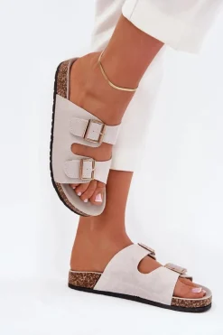 Klapki Damskie Ze Złotymi Klamrami I Przeszyciami Szare Lunera