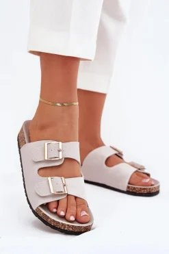 Klapki Damskie Ze Złotymi Klamrami I Przeszyciami Szare Lunera