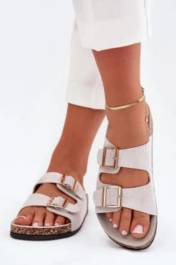 Klapki Damskie Ze Złotymi Klamrami I Przeszyciami Szare Lunera