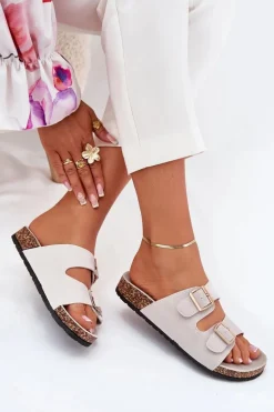 Klapki Damskie Ze Złotymi Klamrami I Przeszyciami Szare Lunera