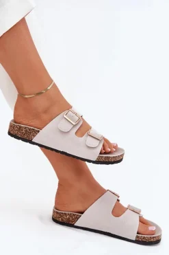 Klapki Damskie Ze Złotymi Klamrami I Przeszyciami Szare Lunera