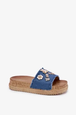 Klapki Damskie Ze Złotymi Przypinkami Na Platformie Granatowe Rigasta