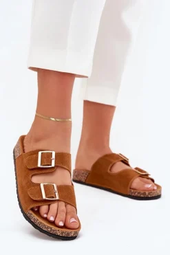 Klapki Damskie Ze Złotymi Klamrami I Przeszyciami Camel Lunera