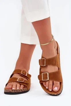 Klapki Damskie Ze Złotymi Klamrami I Przeszyciami Camel Lunera