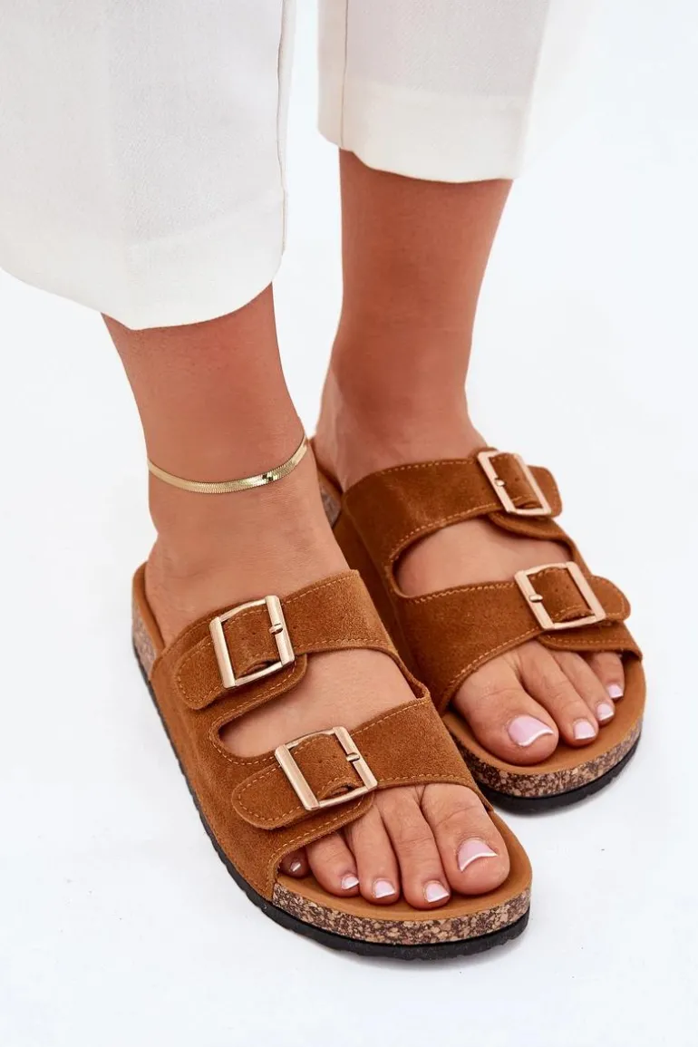 Klapki Damskie Ze Złotymi Klamrami I Przeszyciami Camel Lunera