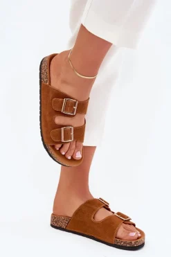 Klapki Damskie Ze Złotymi Klamrami I Przeszyciami Camel Lunera