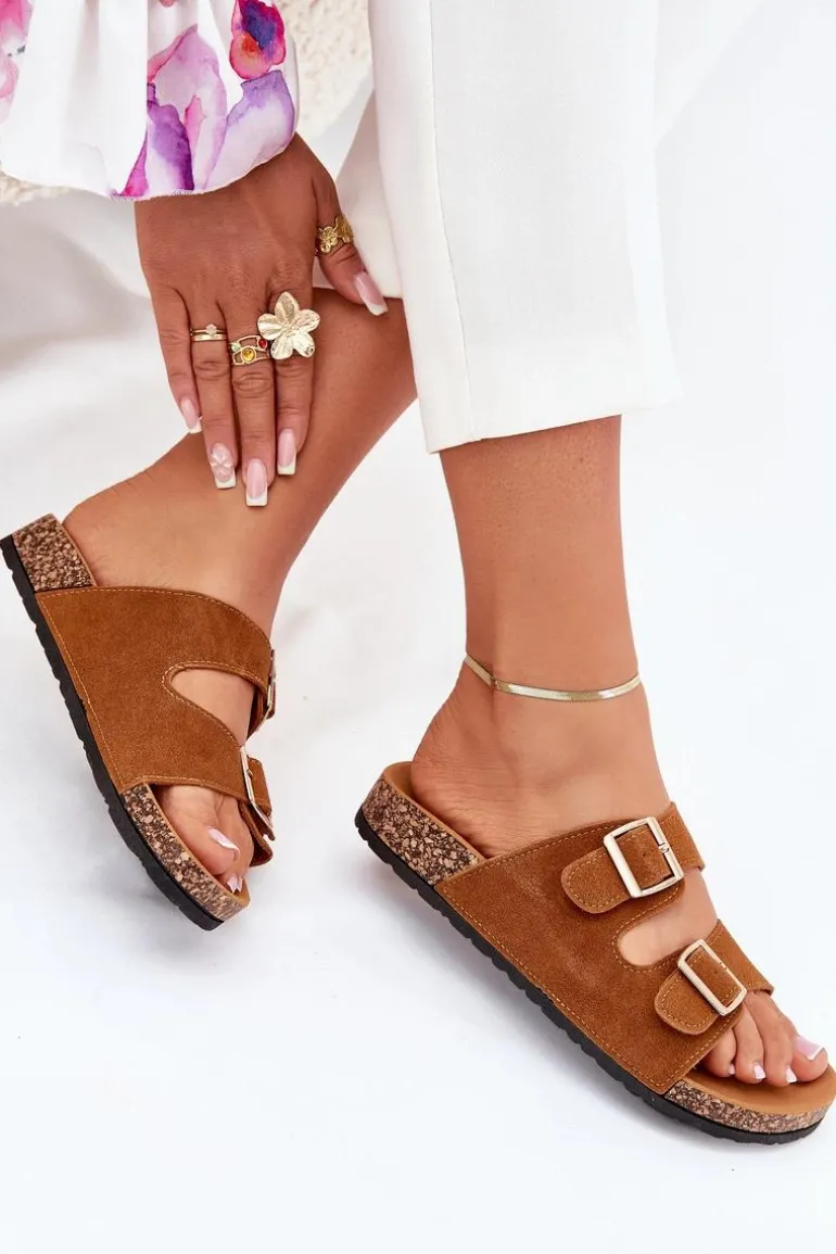 Klapki Damskie Ze Złotymi Klamrami I Przeszyciami Camel Lunera