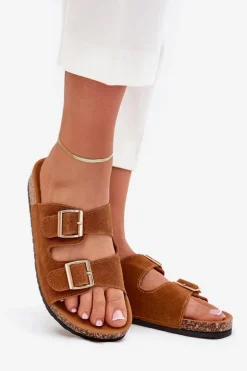 Klapki Damskie Ze Złotymi Klamrami I Przeszyciami Camel Lunera