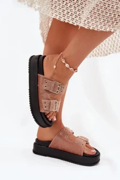 Klapki Damskie Ze Złotymi Klamrami Na Platformie Beżowe Virvania