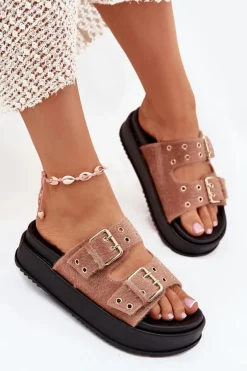 Klapki Damskie Ze Złotymi Klamrami Na Platformie Beżowe Virvania