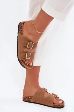 Klapki Damskie Ze Złotymi Klamrami I Przeszyciami Jasnobrązowe Lunera