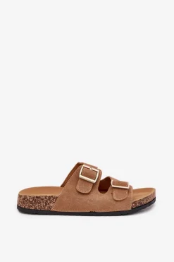 Klapki Damskie Ze Złotymi Klamrami I Przeszyciami Jasnobrązowe Lunera