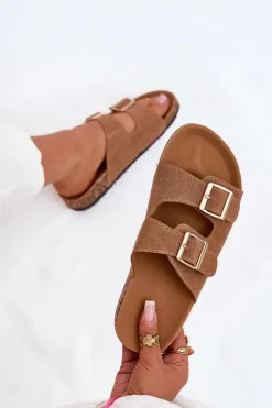 Klapki Damskie Ze Złotymi Klamrami I Przeszyciami Jasnobrązowe Lunera