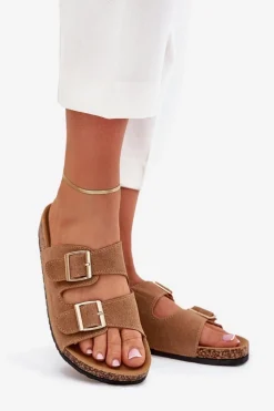 Klapki Damskie Ze Złotymi Klamrami I Przeszyciami Jasnobrązowe Lunera