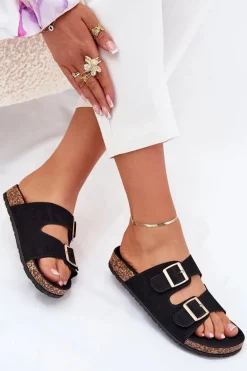 Klapki Damskie Ze Złotymi Klamrami I Przeszyciami Czarne Lunera