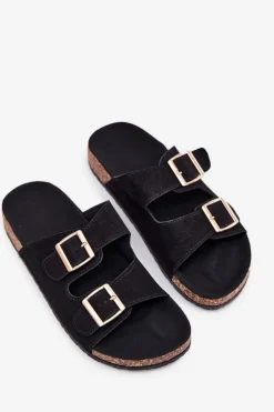 Klapki Damskie Ze Złotymi Klamrami I Przeszyciami Czarne Lunera