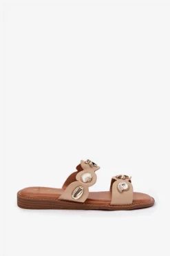 Klapki Damskie Ze Złotymi Przypinkami Beżowe Jenoriela