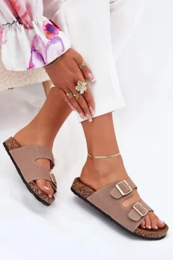 Klapki Damskie Ze Złotymi Klamrami I Przeszyciami Khaki Lunera