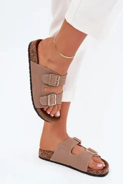 Klapki Damskie Ze Złotymi Klamrami I Przeszyciami Khaki Lunera