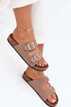 Klapki Damskie Ze Złotymi Klamrami I Przeszyciami Khaki Lunera