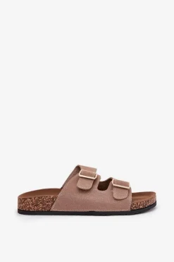 Klapki Damskie Ze Złotymi Klamrami I Przeszyciami Khaki Lunera