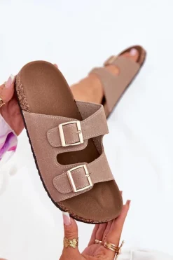 Klapki Damskie Ze Złotymi Klamrami I Przeszyciami Khaki Lunera