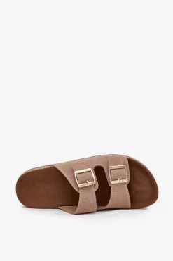 Klapki Damskie Ze Złotymi Klamrami I Przeszyciami Khaki Lunera