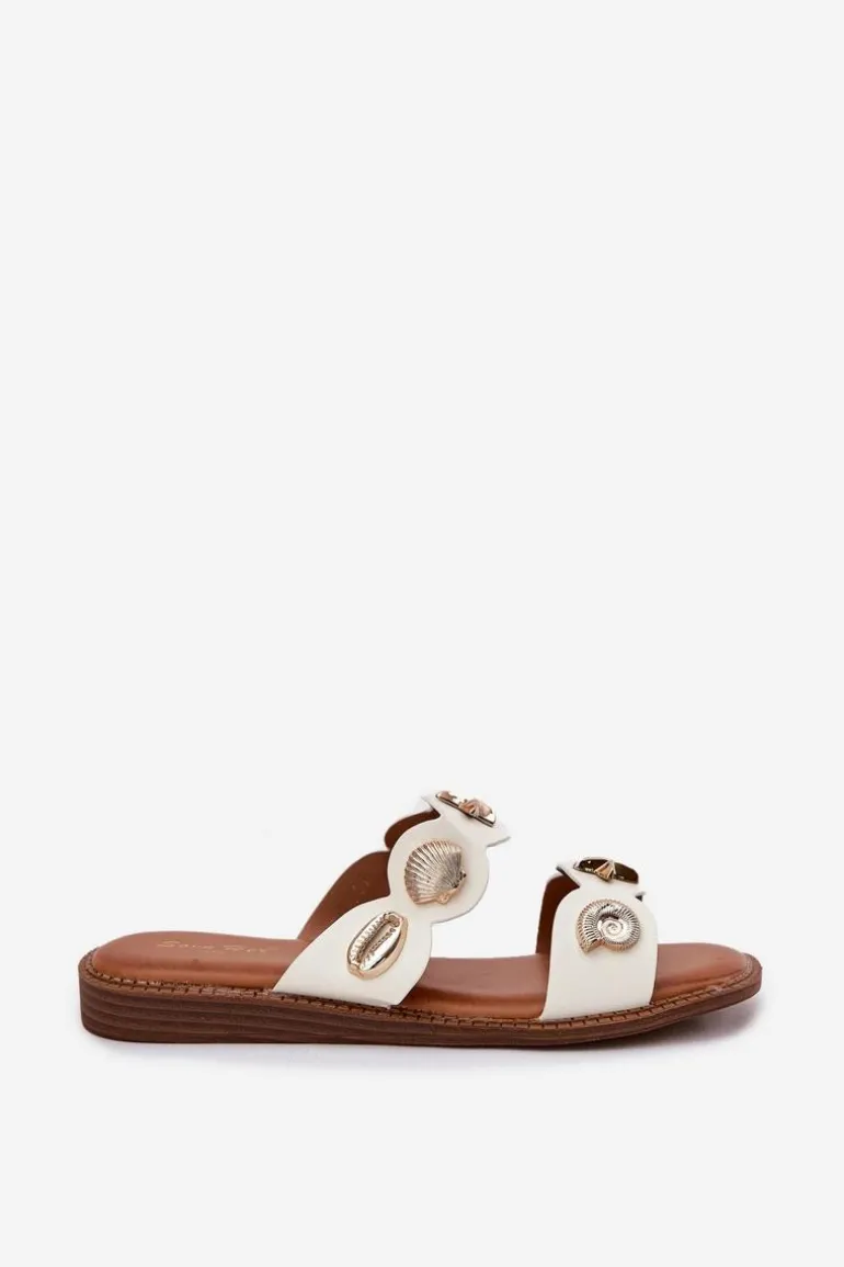 Klapki Damskie Ze Złotymi Przypinkami Białe Jenoriela