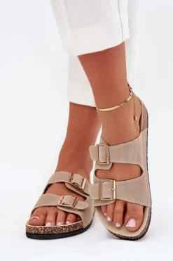 Klapki Damskie Ze Złotymi Klamrami I Przeszyciami Beżowe Lunera