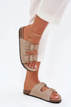 Klapki Damskie Ze Złotymi Klamrami I Przeszyciami Beżowe Lunera