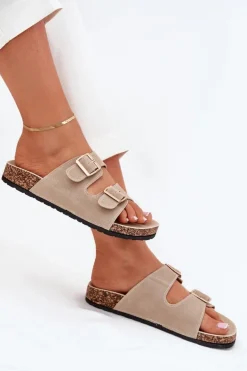 Klapki Damskie Ze Złotymi Klamrami I Przeszyciami Beżowe Lunera