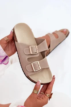 Klapki Damskie Ze Złotymi Klamrami I Przeszyciami Beżowe Lunera