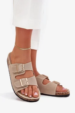 Klapki Damskie Ze Złotymi Klamrami I Przeszyciami Beżowe Lunera