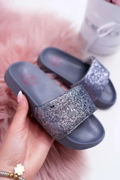 Klapki Dziecięce Młodzieżowe Big Star Szare Brokatowe AA374087