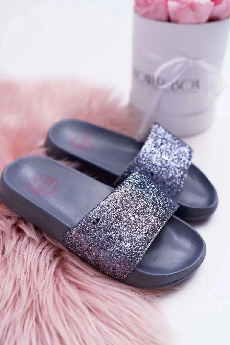 Klapki Dziecięce Młodzieżowe Big Star Szare Brokatowe AA374087