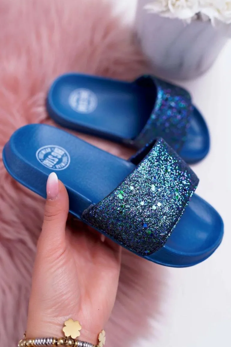 Klapki Dziecięce Młodzieżowe Big Star Granatowe Brokatowe AA374089