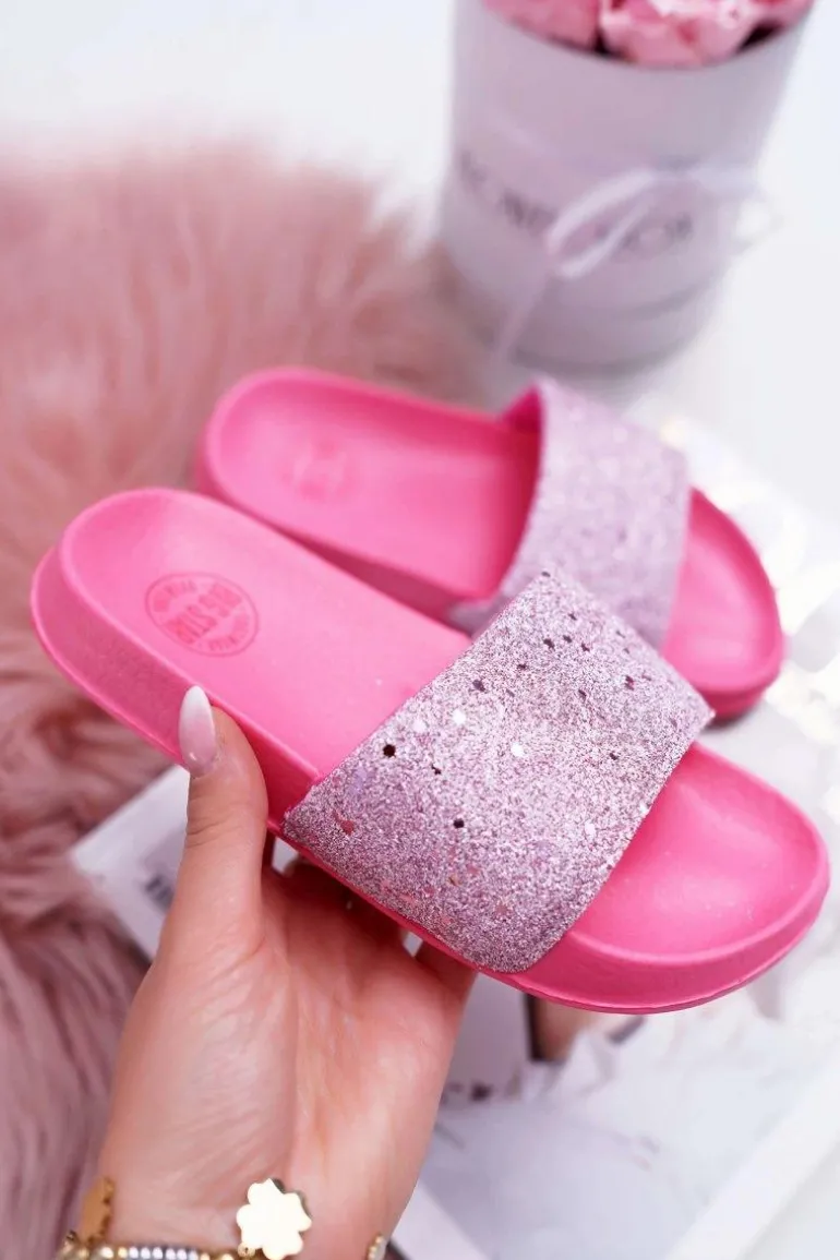 Klapki Dziecięce Młodzieżowe Big Star Różowe Brokatowe AA374088