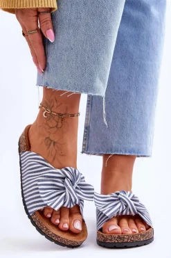 Klapki Na Korkowej Platformie W Paski Biało-Niebieskie Festive