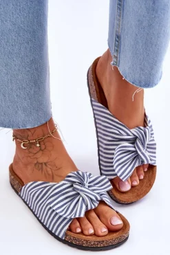 Klapki Na Korkowej Platformie W Paski Biało-Niebieskie Festive