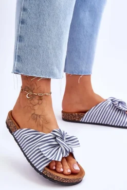 Klapki Na Korkowej Platformie W Paski Biało-Niebieskie Festive