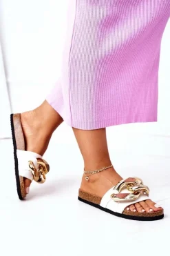 Klapki Na Korku Z Łańcuchem S.Barski SB002 Białe