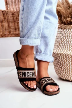 Klapki Na Korku Z Cyrkoniami Czarno-Złote Be Nice