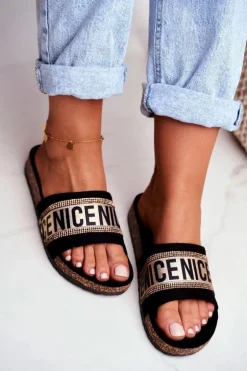 Klapki Na Korku Z Cyrkoniami Czarno-Złote Be Nice